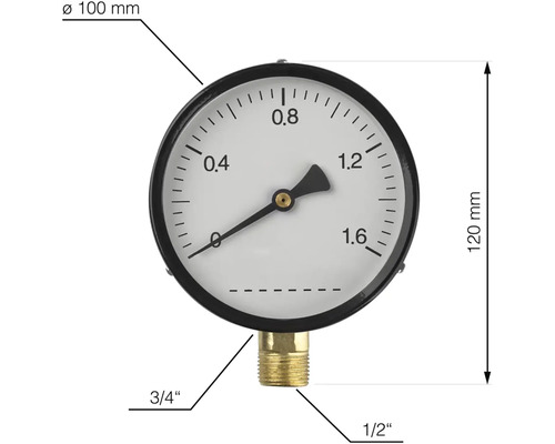 Manometer met een diameter van 100 millimeter en een hoogte van 120 millimeter