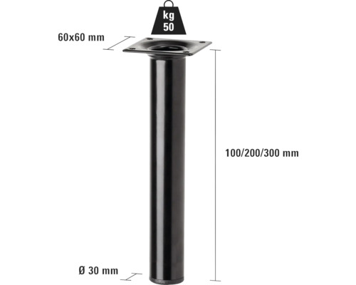Metalen tafelpoten, 30 mm doorsnee, 60 x 60 mm plaat en 50 kilogram draagvermogen