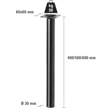 Metalen meubelpoot, 400/500/600 millimeter hoog en met een draagvermogen van 50 kilogram