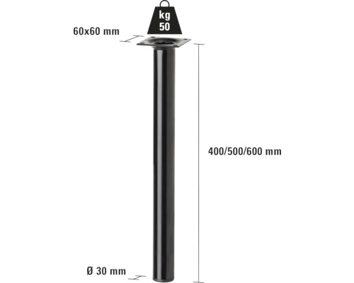 Metalen meubelpoot, 400/500/600 millimeter hoog en met een draagvermogen van 50 kilogram