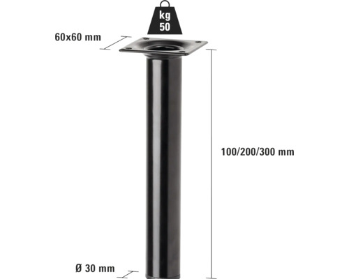Metalen tafelpoten, 100/200/300 mm hoog, diameter 30 mm, met een draagvermogen van 50 kilogram