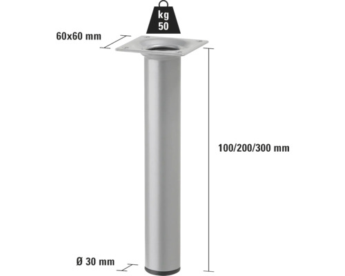 Metalen meubelpoot, 100/200/300 mm hoog, diameter 30 mm, draagvermogen 50 kg