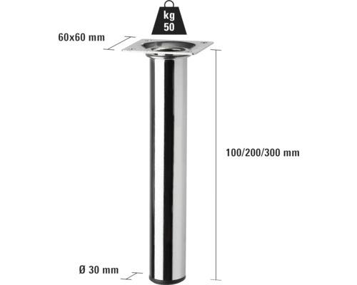 Metalen meubelpoot, 100, 200 of 300 millimeter hoog en belastbaar tot 50 kilogram
