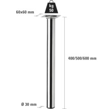 Meubelpoot, diameter 30 mm, lengte 400, 500 of 600 mm, belastbaar tot 50 kg