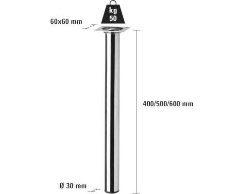 Meubelpoot, diameter 30 mm, lengte 400, 500 of 600 mm, belastbaar tot 50 kg