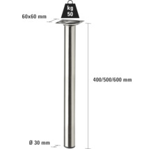 Metalen tafelpoten, 400, 500 of 600 millimeter hoog, diameter 30 millimeter, met een draagvermogen van 50 kilogram