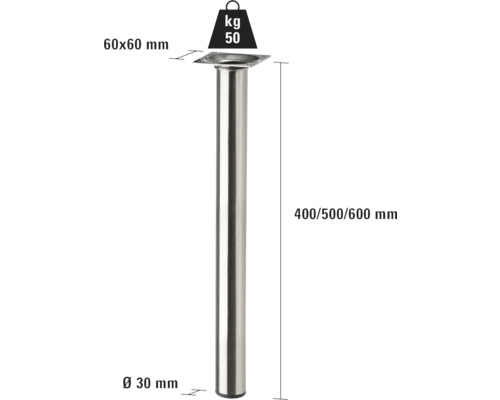Metalen tafelpoten, 400, 500 of 600 millimeter hoog, diameter 30 millimeter, met een draagvermogen van 50 kilogram