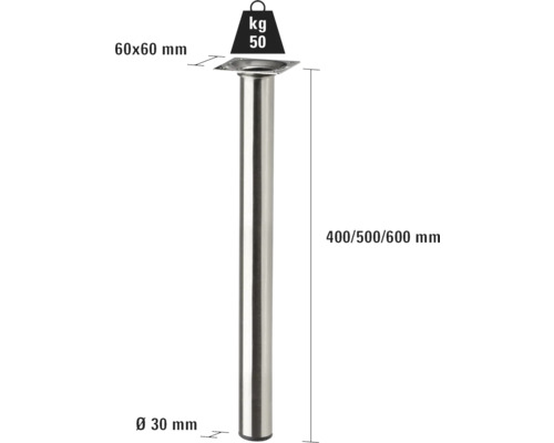 Metalen meubelpoot, 400/500/600 mm hoog, 60 x 60 mm plaat, 30 mm diameter