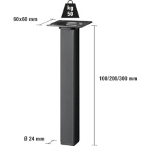 Zwarte, vierkante tafelpoten met afmetingen van 60 x 60 millimeter en een maximale draagkracht van 50 kilogram.