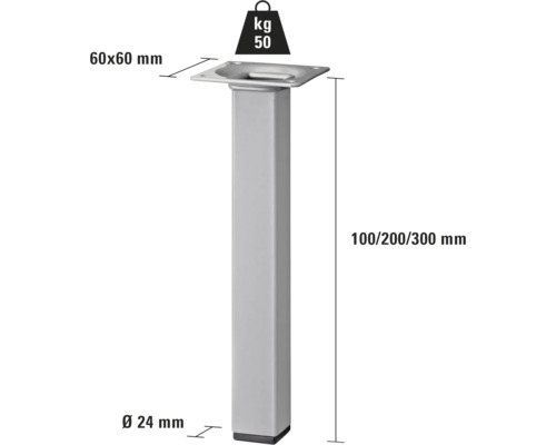 Metalen meubelpoot met afmetingen van 60 x 60 millimeter en een draagvermogen van 50 kilogram