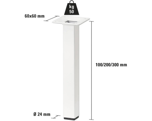 Metalen meubelpoot, 100, 200 of 300 millimeter hoog, met een draagvermogen van 50 kilogram