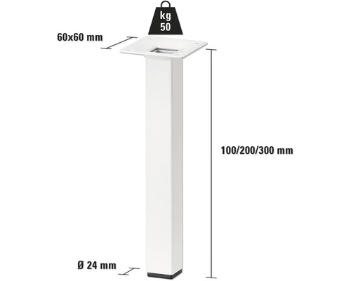 Detail van een enkele meubelpoot met afmetingen en gewicht specificaties