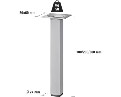 Metalen meubelpoot, 100/200/300 millimeter hoog, 50 kilogram draagvermogen