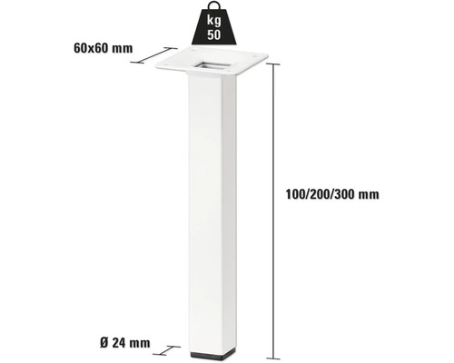 Productdiagram van een tafelpot met afmetingen van 60 x 60 mm, diameter van 24 mm, hoogte van 100, 200 of 300 mm en een draagvermogen van 50 kilogram.