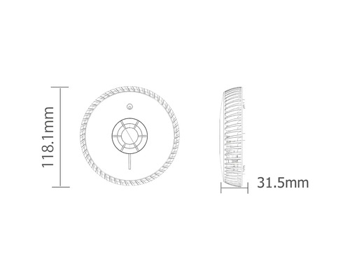 Afmetingen van een ronde plafondlamp: 118,1 mm diameter, 31,5 mm hoogte