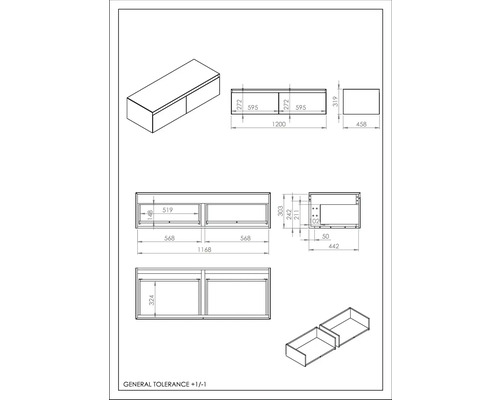 Technische tekening van een onderkast met lades, inclusief maatvoering