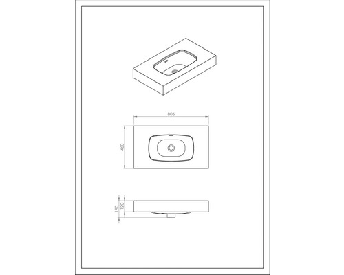 Technische tekening van een wastafel met afmetingen