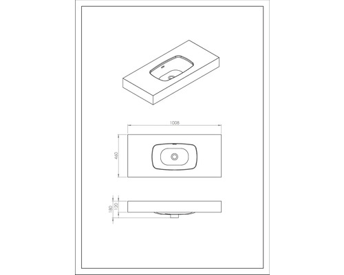 Technische tekening van een wastafel met afmetingen