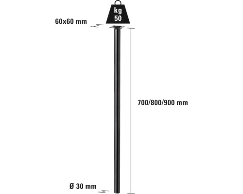 Productweergave van een tafelpoten met de maataanduidingen 60x60 mm, 700/800/900 mm en diameter 30 mm. De belastbaarheid bedraagt 50 kilogram.