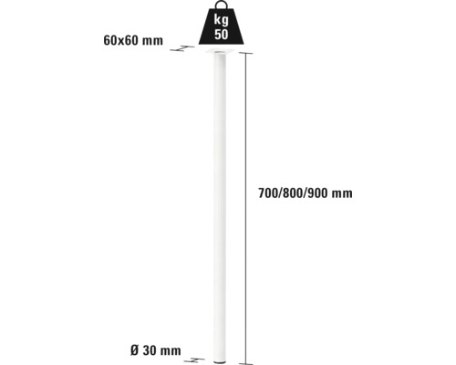 Technische tekening van een meubelsteun met de afmetingen 60x60 mm, diameter 30 mm en een hoogte van 700, 800 of 900 mm, draagvermogen 50 kilogram