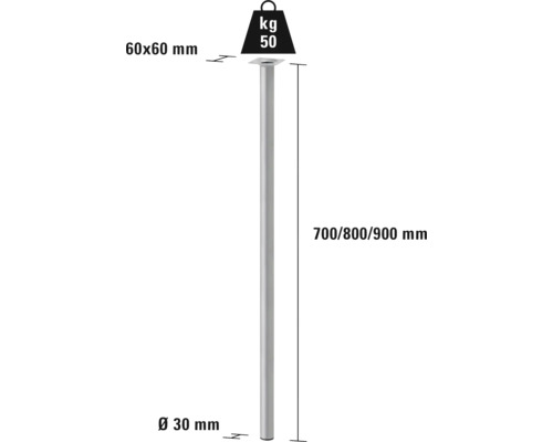 Illustratie van een metalen steun met afmetingen van 700, 800 of 900 mm hoog en 30 mm diameter.