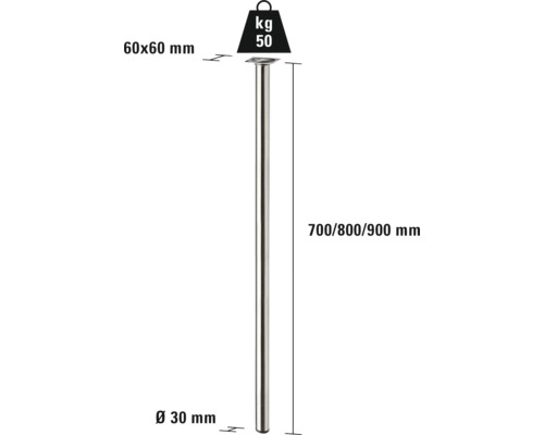 Metalen tafelpoten, diameter 30 millimeter, lengte 700, 800 of 900 millimeter, draagvermogen 50 kilogram