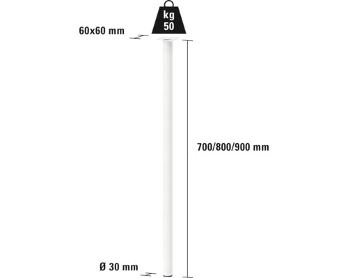 Productdiagram steunpoot met de afmetingen 700, 800 en 900 millimeter en een draagvermogen van 50 kilogram