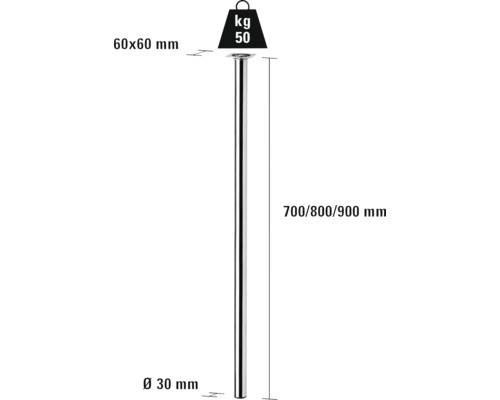 Tekening van een tafelpoten met afmetingen 60 x 60 millimeter, diameter 30 millimeter en een lengte van 700, 800 of 900 millimeter