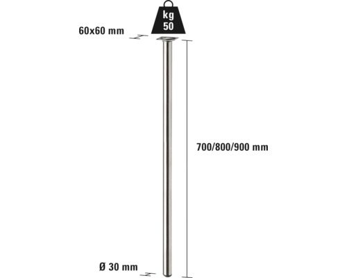 Afbeelding van een tafelpoten met de afmetingen 60 x 60 mm, diameter 30 mm, hoogte 700, 800 en 900 mm, draagvermogen 50 kg.
