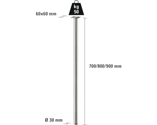 Technische tekening van een tafelpoot met afmetingen van 60x60 mm voor de montageplaat, 30 mm diameter en 700, 800 of 900 mm lengte. Het maximale draagvermogen is 50 kg.
