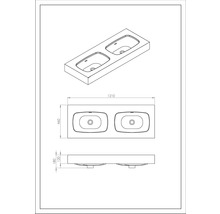 Tekening van een wastafelmeubel met twee wasbakken en maatvoering