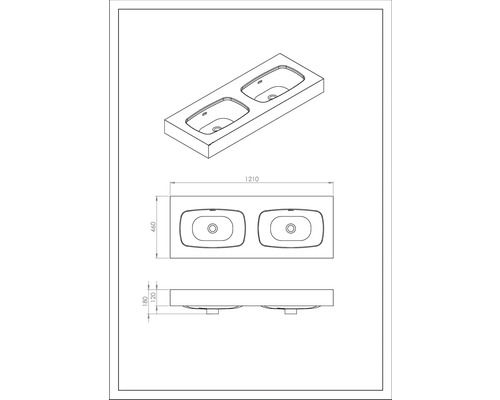 Tekening van een dubbele wastafel met afmetingen