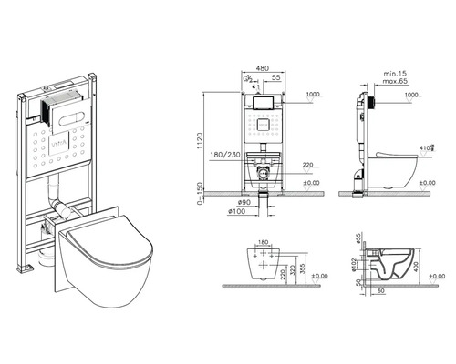 Technische tekening van een wandcloset met spoelreservoir en afmetingen.