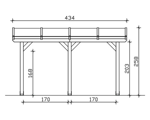 Technische tekening van een houten afdak met afmetingen