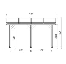 Technische tekening van een houten paviljoen met afmetingen