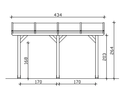 Technische tekening van een houten paviljoen met afmetingen