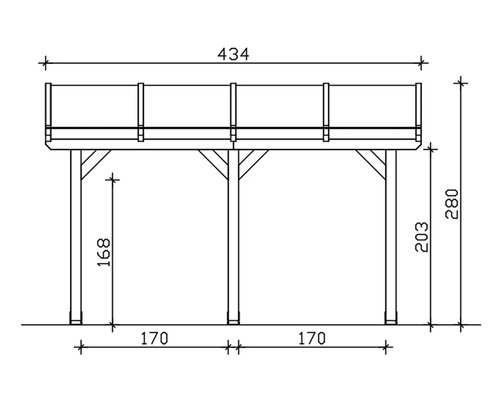 Technische tekening van een terrasoverkapping met afmetingen