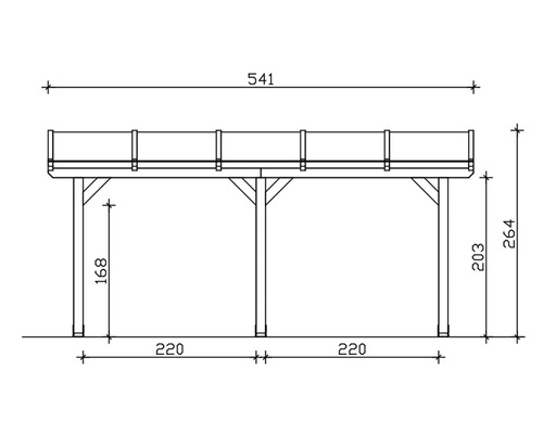 Technische tekening van een houten constructie met hoogte- en breedtematen.