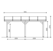 Technische tekening van een houten paviljoen met hoogte- en breedtematen