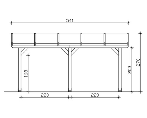 Technische tekening van een houten paviljoen met hoogte- en breedtematen