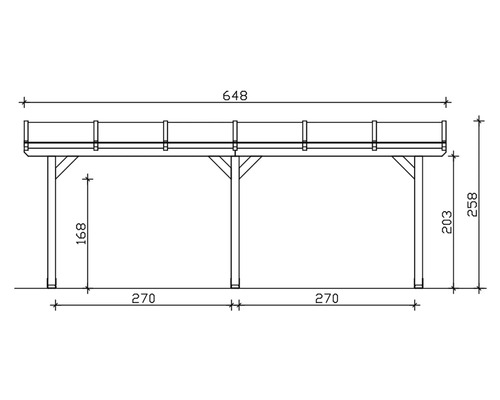 Technische tekening van een houten pergola met afmetingen