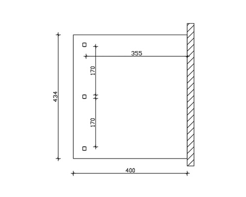 Technische tekening met maatvoering voor een product: hoogte 434, breedte 400, diepte 355, afstand van de boorgaten 170
