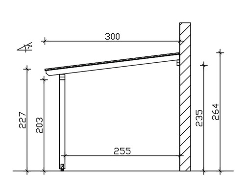 Technische tekening van een afdak met afmetingen