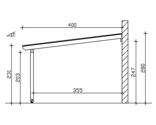 Technische tekening van een afdak met maatvoering