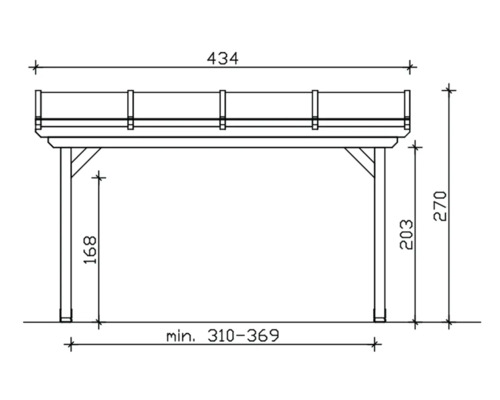 Technische tekening van een carport met de afmetingen 434, 270, 203 en minimaal 310 tot 369