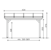 Technische tekening van een houten paviljoen met afmetingen