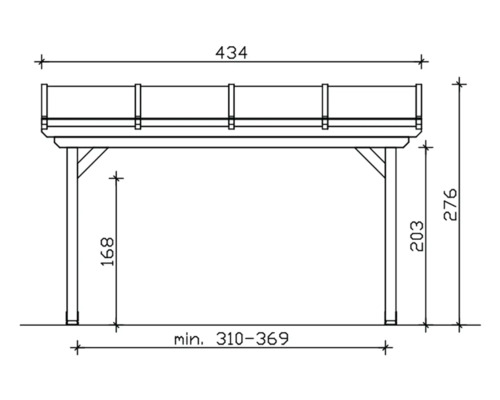 Technische tekening van een houten paviljoen met afmetingen