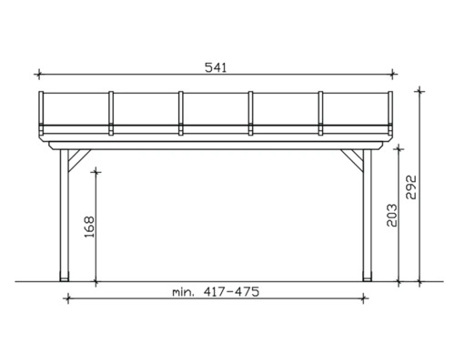 Technische tekening van een houten carport met afmetingen