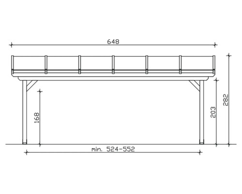 Technische tekening van een terrasoverkapping met maatvoering