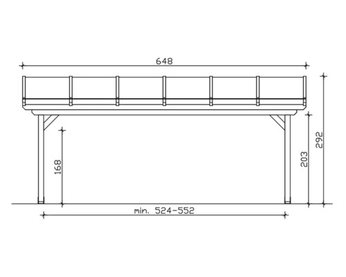 Technische tekening van een terrasoverkapping met afmetingen